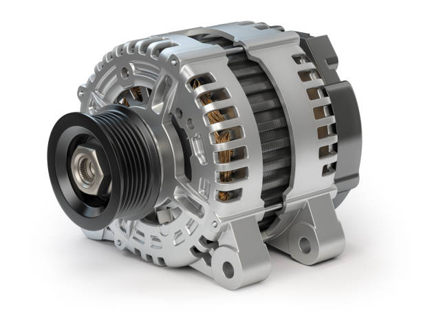 Automotive power generating alternator, generator isolated on white  Car parts and car repair service. 3d illustration